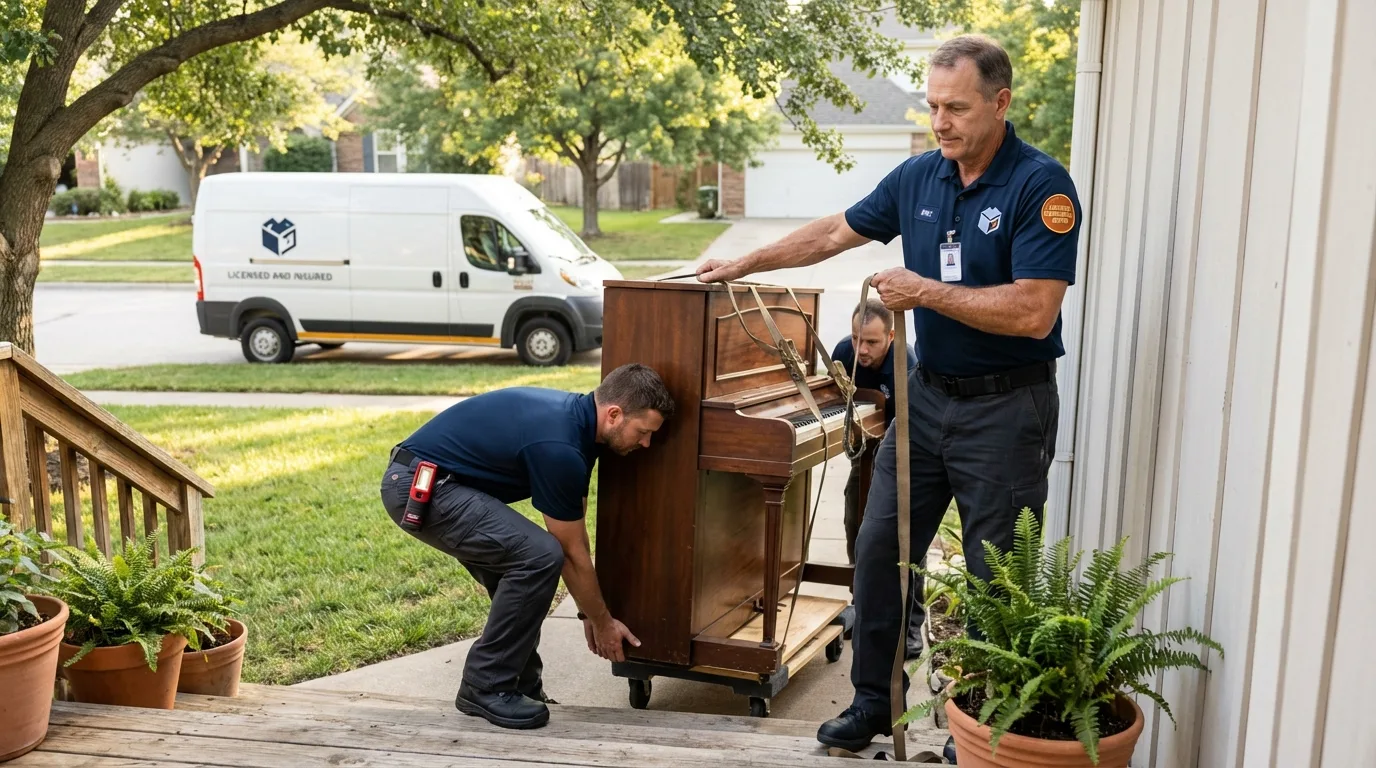 Licensed piano movers securing grand piano in Laurel, DE