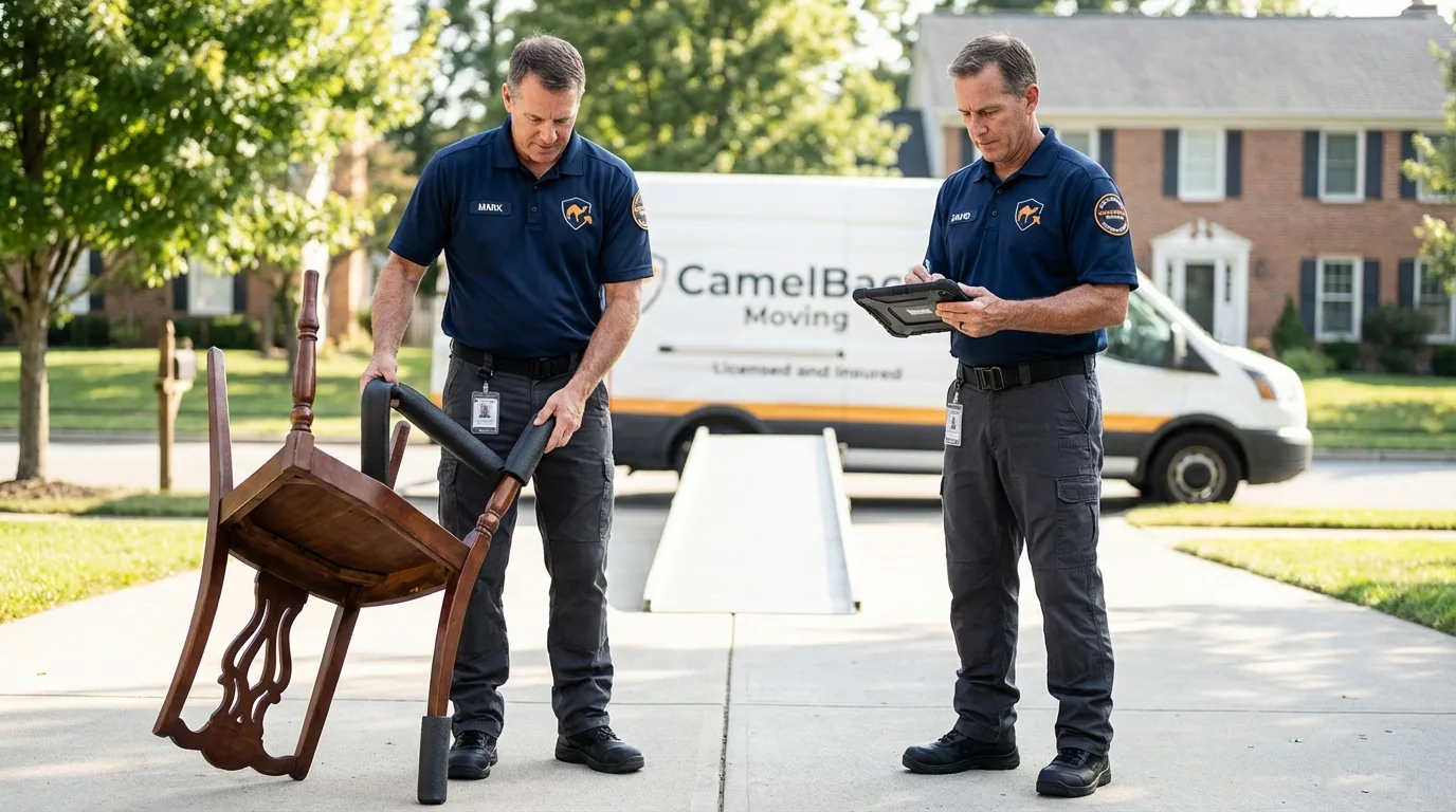 Movers inspecting furniture for damage prevention before loading in Laurel, DE