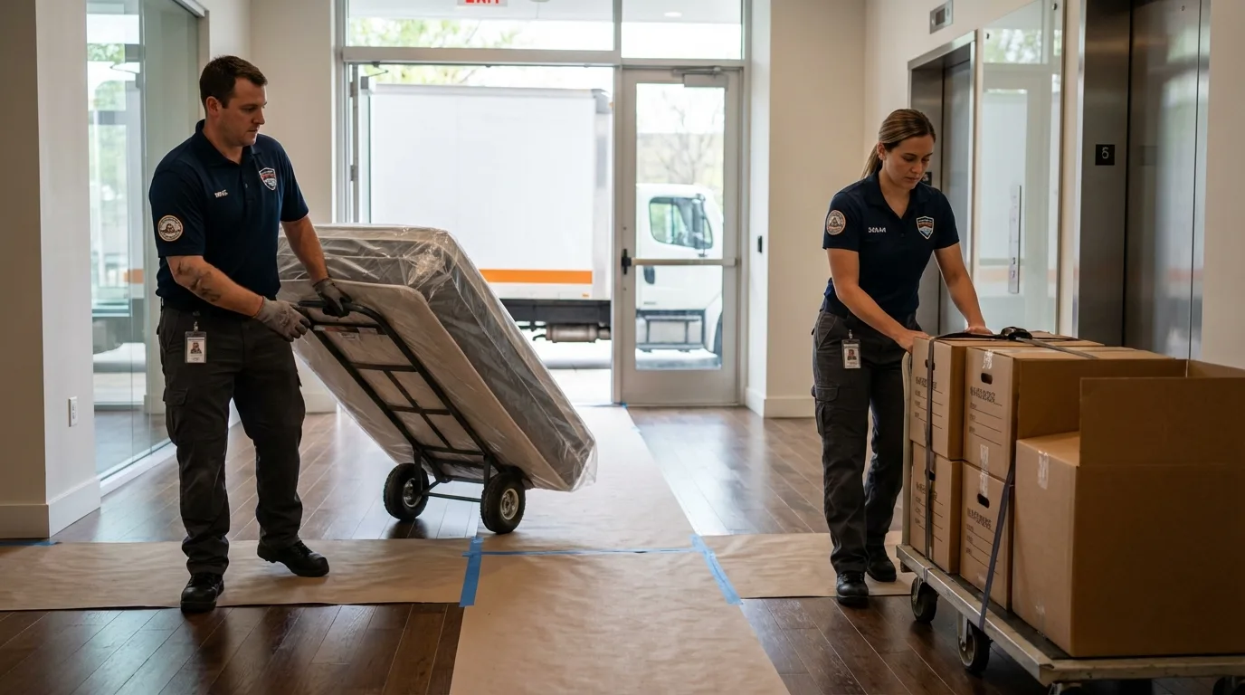 Professional apartment movers loading elevator in Laurel, DE